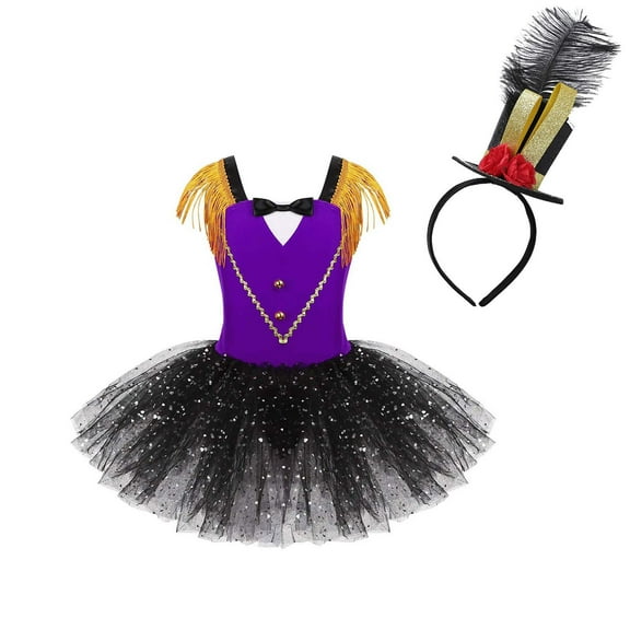 TiaoBug Kids Girls Circus Ringmaster Costume Tassel Tutu Dress with Steampunk Hat Halloween Cosplay Dancewear Purple 14
