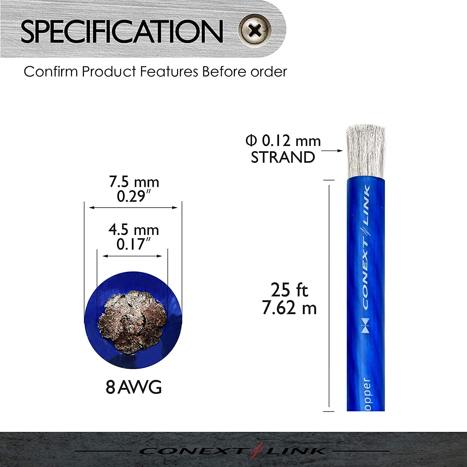 Conext Link 10 FT 2/0 AWG 00 GA Full Gauge Battery Power Cable Ground Wire Frost Blue OFC Copper 