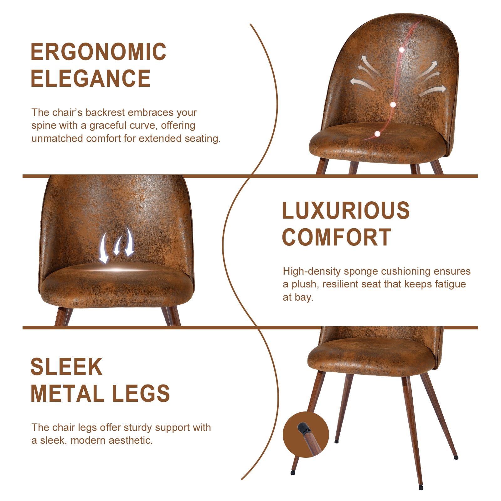 Homy Casa Set of 2 Brown Suede Upholstered Dining Chairs with Curved Back for Kitchen