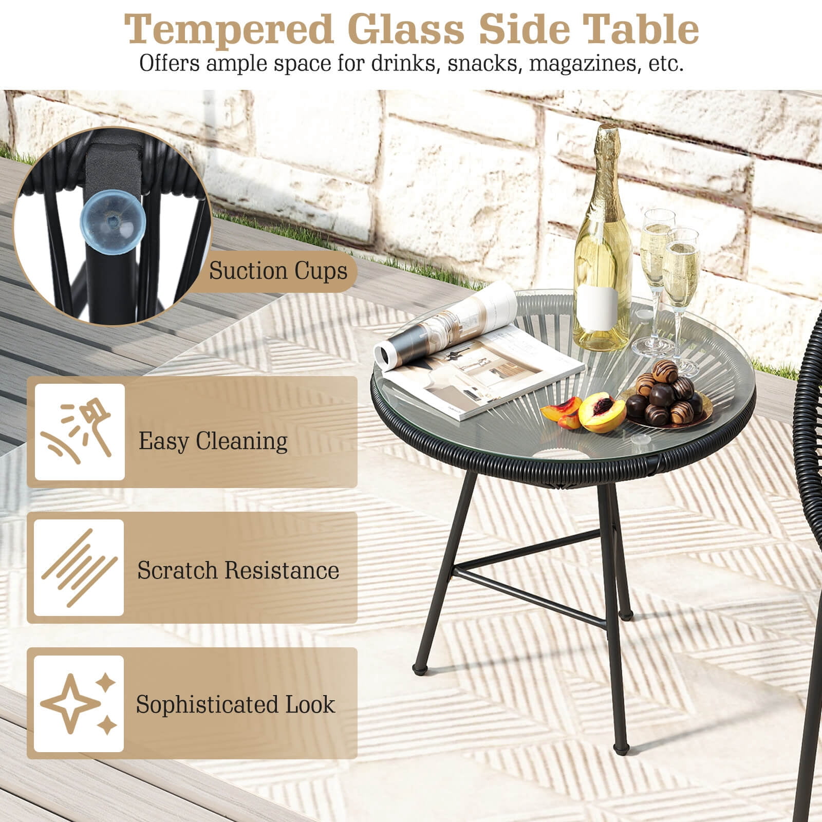 Costway 3PCS Patio Acapulco Furniture Bistro Set Plastic Rope Glass Table Black
