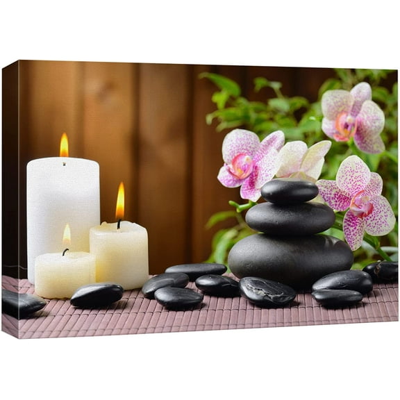 Aaroca Canvas Print Wall Art Pink Orchid Flowers Zen Massage Stones White Candles Nature Wilderness Photography Realism Rustic Landscape Colorful for Living Room, Bedroom, Bathroom, Office