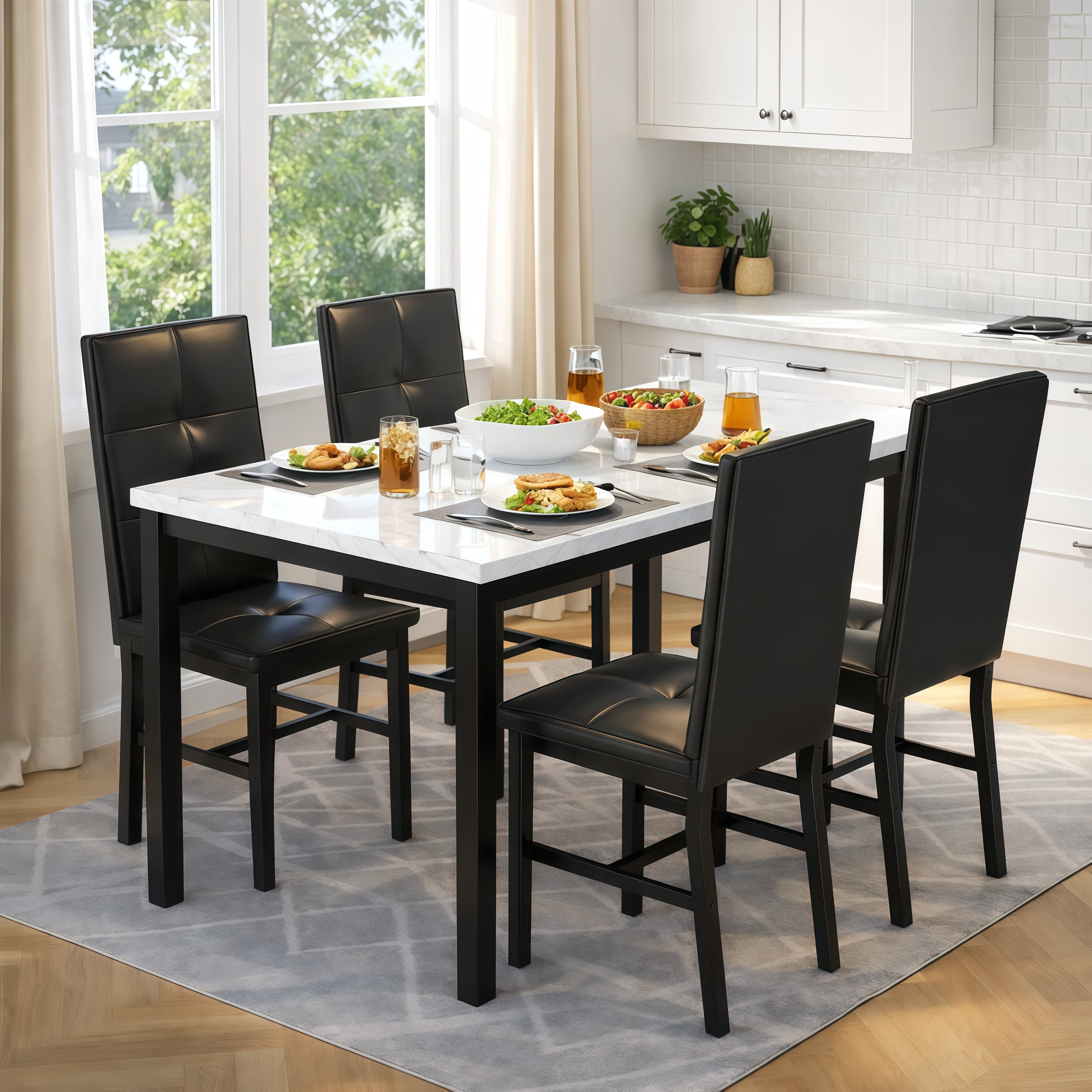 LinkRomat Dining Table Set for 4, Modern Faux Marble Tabletop and 4 PU Leather Upholstered Chairs, Kitchen Table and Chairs for Dining Room Breakfast Nook, White
