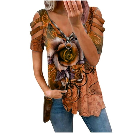 

YFPWM Tops for Women Casual Summer Cute Tops Lace Tops Yoga Tops Tube Tops Wrap Tops Basic Tops Scrub Tops Low-cut Hollow V-neck Zipper Short Sleeve Print T-shirt