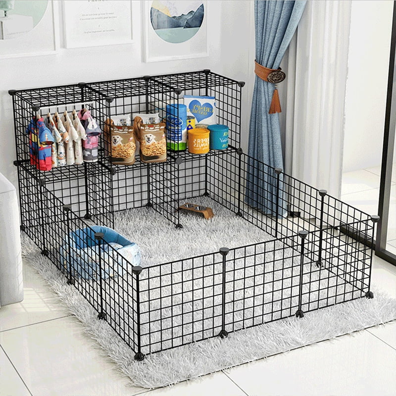 Metal Wire Storage Cubes Organizer, 15 x 15 inch DIY Small Animal Cage for Rabbit, Guinea Pigs, Puppy, Pet Products Portable Metal Wire Yard Fence (Black, 12 Panels)