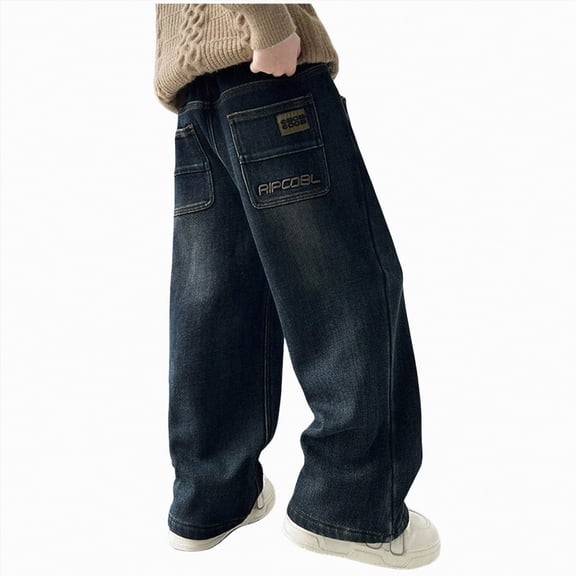 JUMEYU Kids Baggy Jeans Boys Boys' Slim Fit Straight Leg Stretch Denim Jeans, Zipper Fly & Button Closure Size 9-10 (Blue,9-10 Years)