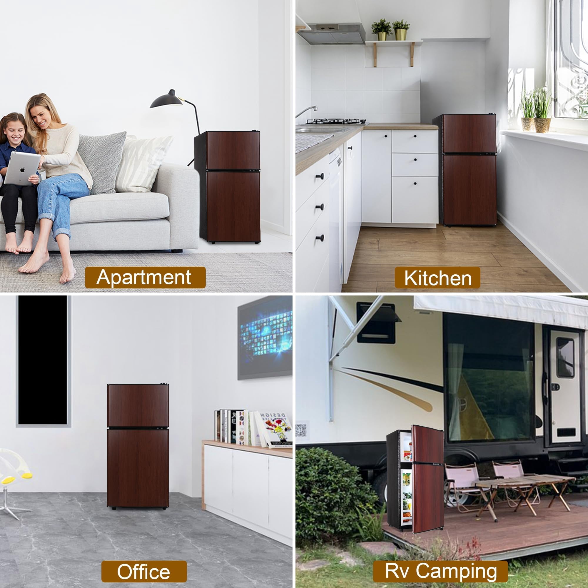 3.2 Cu.Ft Mini Fridge with Freezer, Adjustable Thermostat Removable Glass Shelves, Quiet Energy Saving Apartment Size for Dorm Office Kitchen, Wood