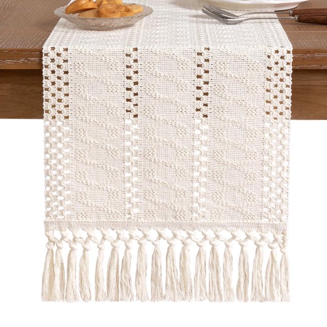 Table for Home Decor with Tassels 72 Inches Long Farmhouse Rustic Table Runner Cream & Brown Macrame Burlap Fall Table Decoration for Living Room Bridal Shower (12x72 Inches)