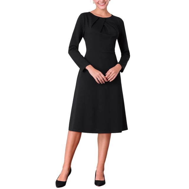 Vestido midi negro de mujer con cuello plisado de manga larga de invierno A-Line