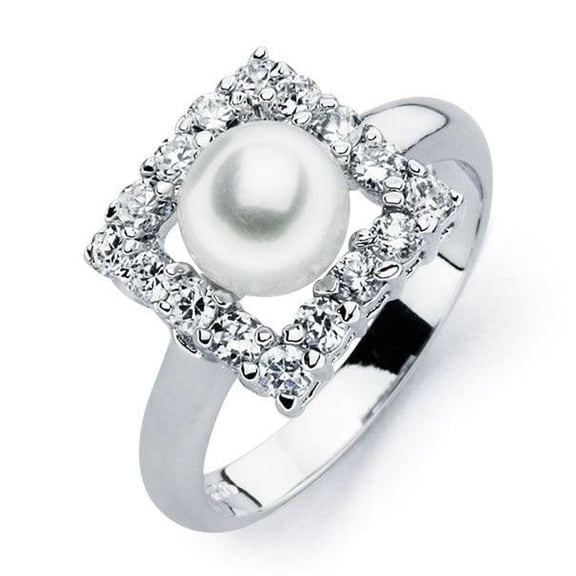 Rhodium Plated Sterling Silver 925 Simulated Pearl Clear CZ Ring Band White Female Size 8