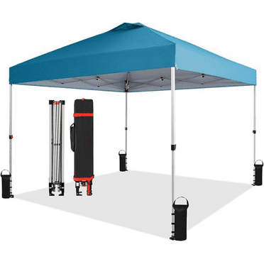 10x10 Pop Up Canopy - Beach Tent with One Push Setup - Easy Outdoor Sun Shade for Events, Parties, Camping - Gazebo with STO-N-Go Cover Bag, Silver Coated Top, Cyan Blue
