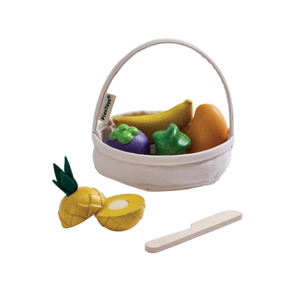 PlanToys® Wooden Tropical Fruit Basket Toy | Montessori Food Activity for Cutting, Sorting & Pretend Kitchen Play | Eco Friendly Toy for Fine Motor Skills & Imaginative Role Play