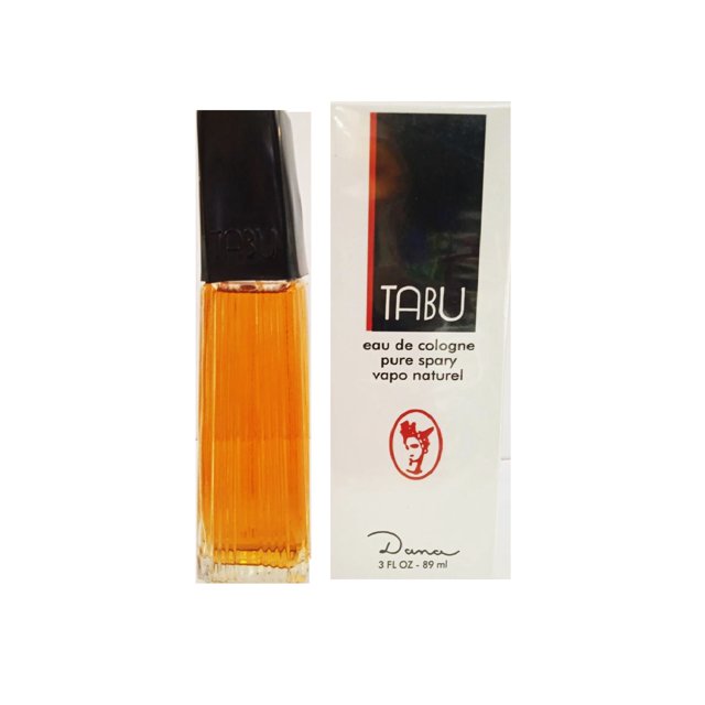 colonia para dama dana tabu eau de colgne 89ml dama — botella y caja frontal; botella rectangular de vidrio con líquido ámbar y tapón negro alto, caja blanca con banda negra y roja con texto "TABU" y logo, familia olfativa Ámbar Floral según especificaciones.