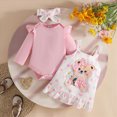 thumbnail image 2 of NOLDARES Baby Girl Clothes Fall Winter Outfits Cute Print Infant Romper Suspender Skirt with Headband 3pc Set 0-24 Months(Pink,12-18 M), 2 of 9