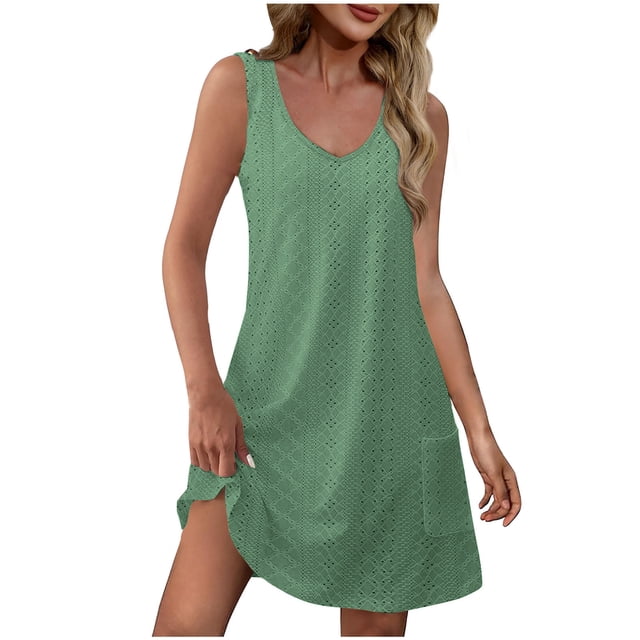 FAIWAD Robes d'Été pour Femmes, Robe Débardeur Sans Manches à Oeillets, Décontractée, Ample, Mini Robe de Plage avec Poche
