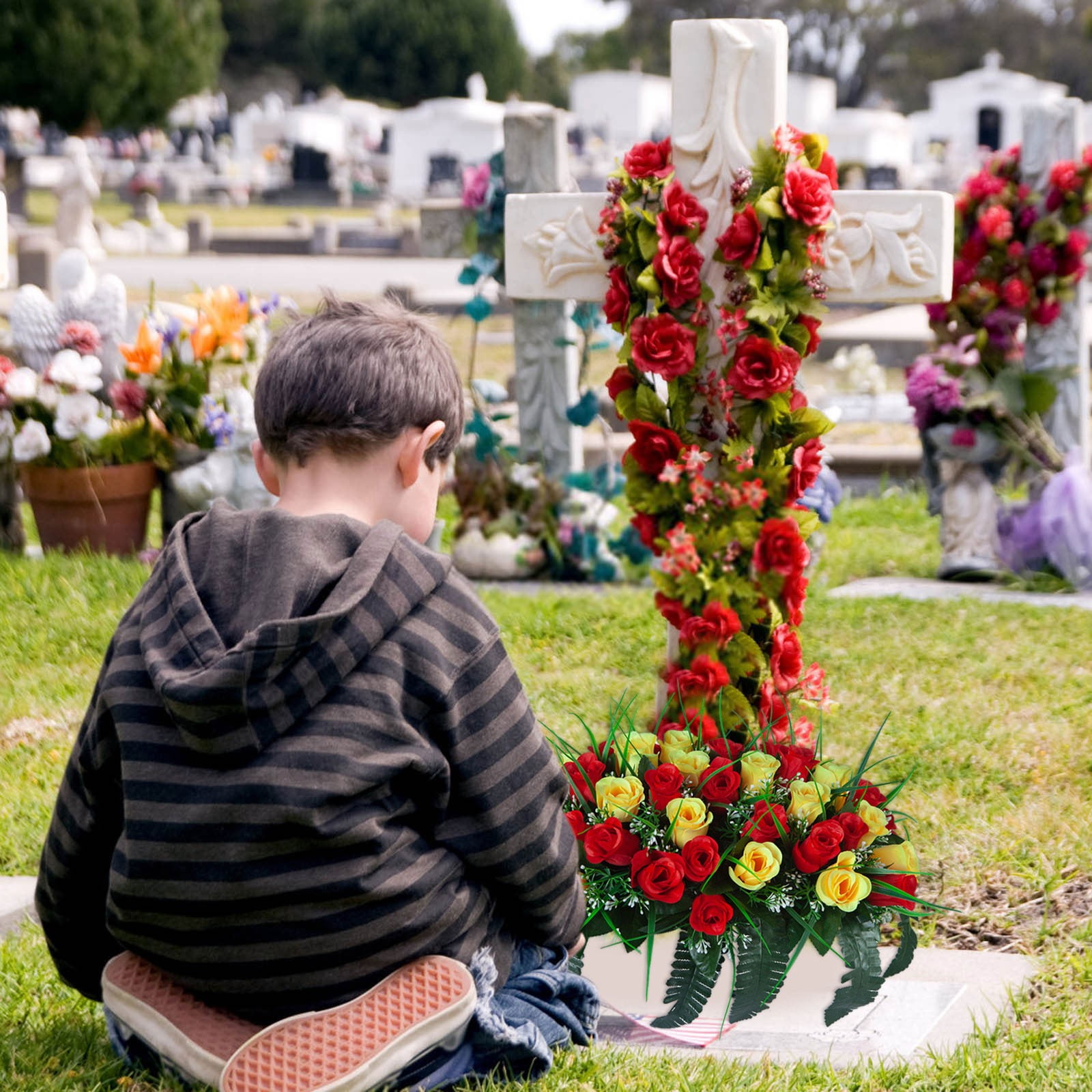 Outdoor Memorial Flower Saddle for Headstones - Large Artificial Cemetery Rose Flowers, Red and Yellow Grave Tombstone Decorations, Durable Grave Decor