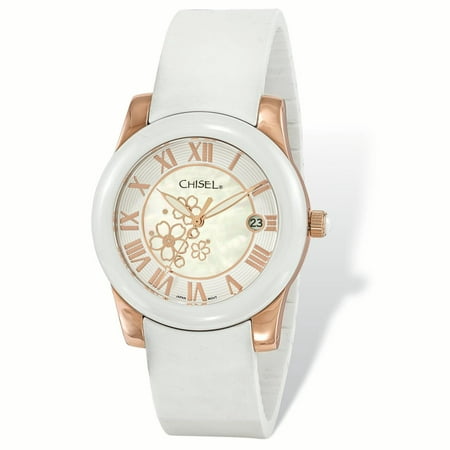 Primal Steel Ladies Chisel Rose IP-plated Floral Dial White Strap Watch