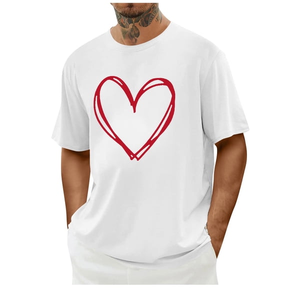 hotojiny Valentines Shirts for Men Lightweight Crew Neck T Shirt Classic Heart Graphic Tee Shirt for Vaction Casual