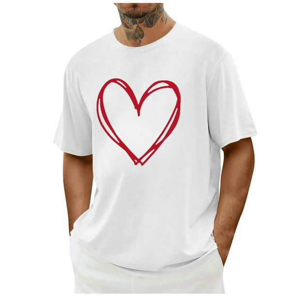 Tops para hombre, blusas y camisas de cuello redondo y manga corta para hombre. Camiseta/camisa informal de cuello redondo y manga corta con estampado de corazones para hombre. Tops de poliéster para