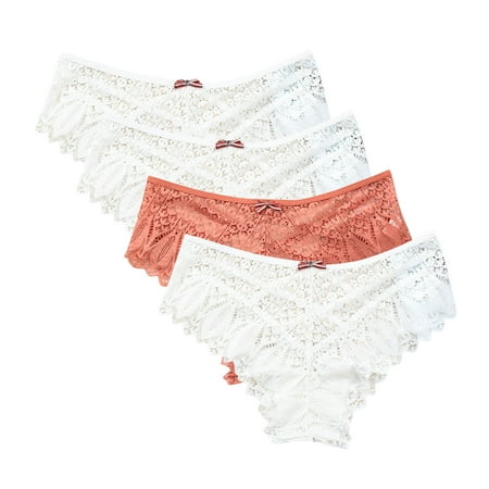 Women Boxers Briefs 4pc Panties for Women Lace Thong Lace Breathable Underwear Scallop Thongs Ladies Plus Size Underpant Briefs Women Underwear Cotton White S