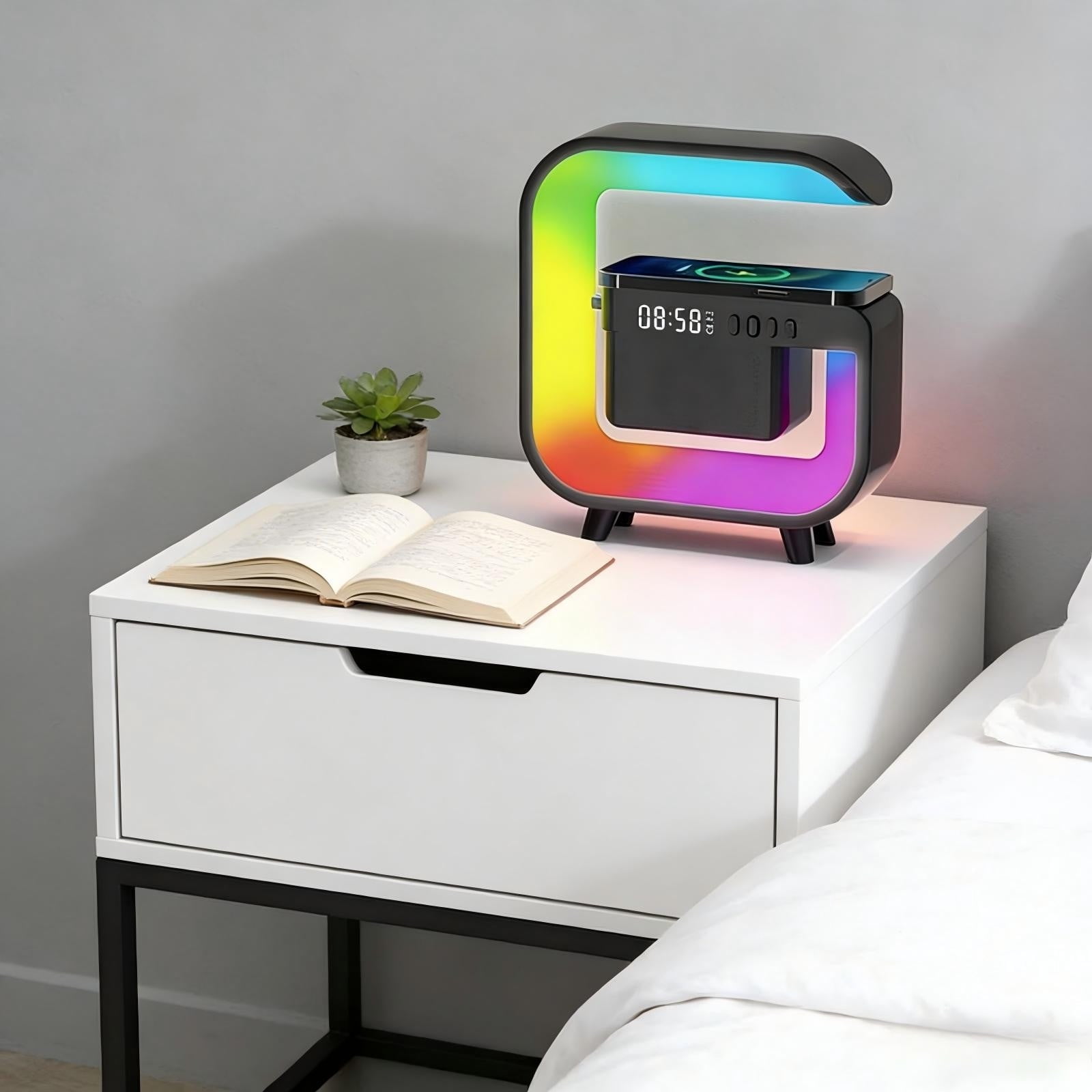 Bluetooth Speaker 3-in-1 Wireless Charger, Digital Alarm Clock Smart LED Table Lamp, Multifunctional Nightstand Organizer for Bedroom, Home Office Desk Decor