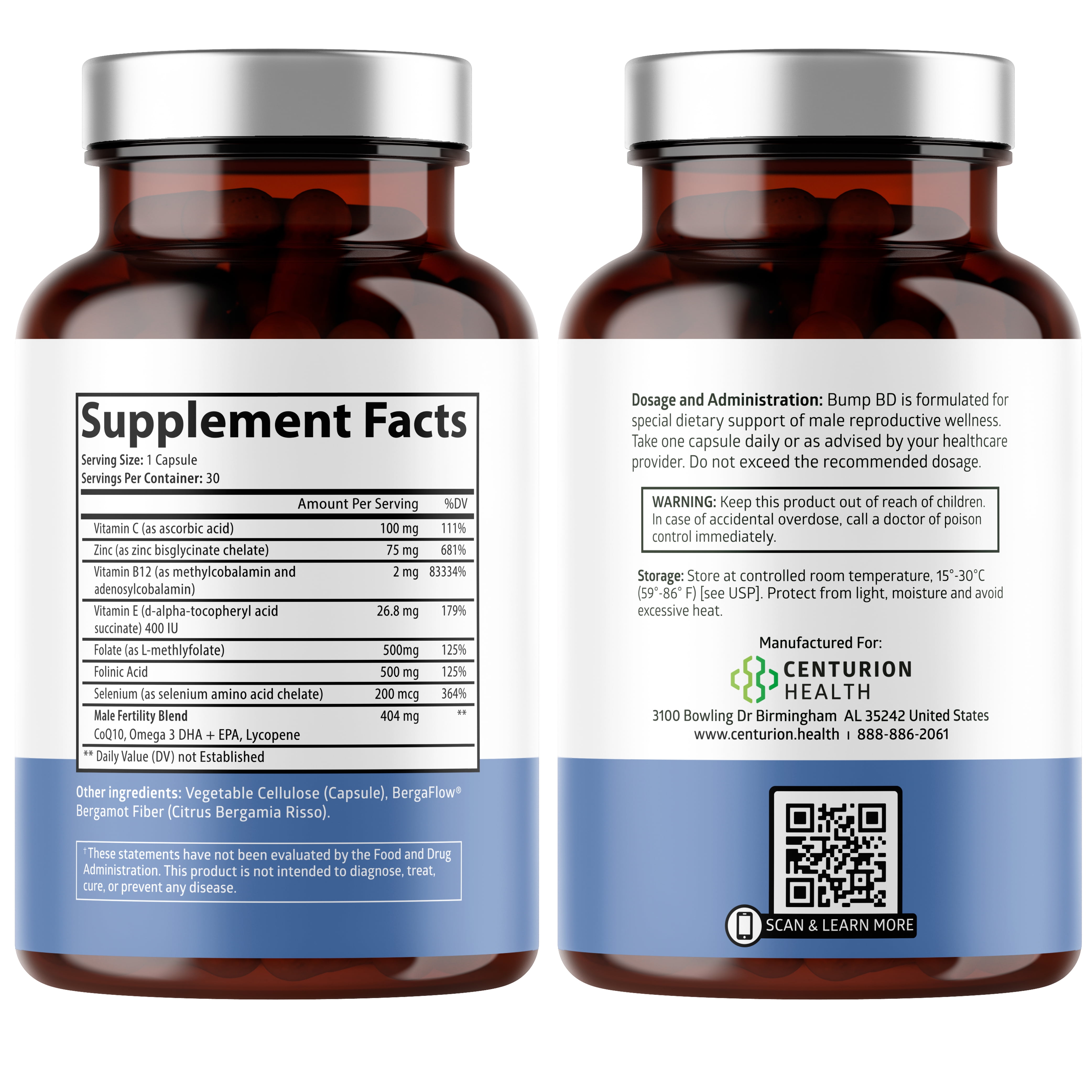 Bump BD, Natural Fertility Supplement for Men, Male Prenatal Vitamins with Selenium, CoQ10, L-Methylfolate, Folinic Acid, DHA + EPA to Support Hormonal Balance & Motility, 30 Caps
