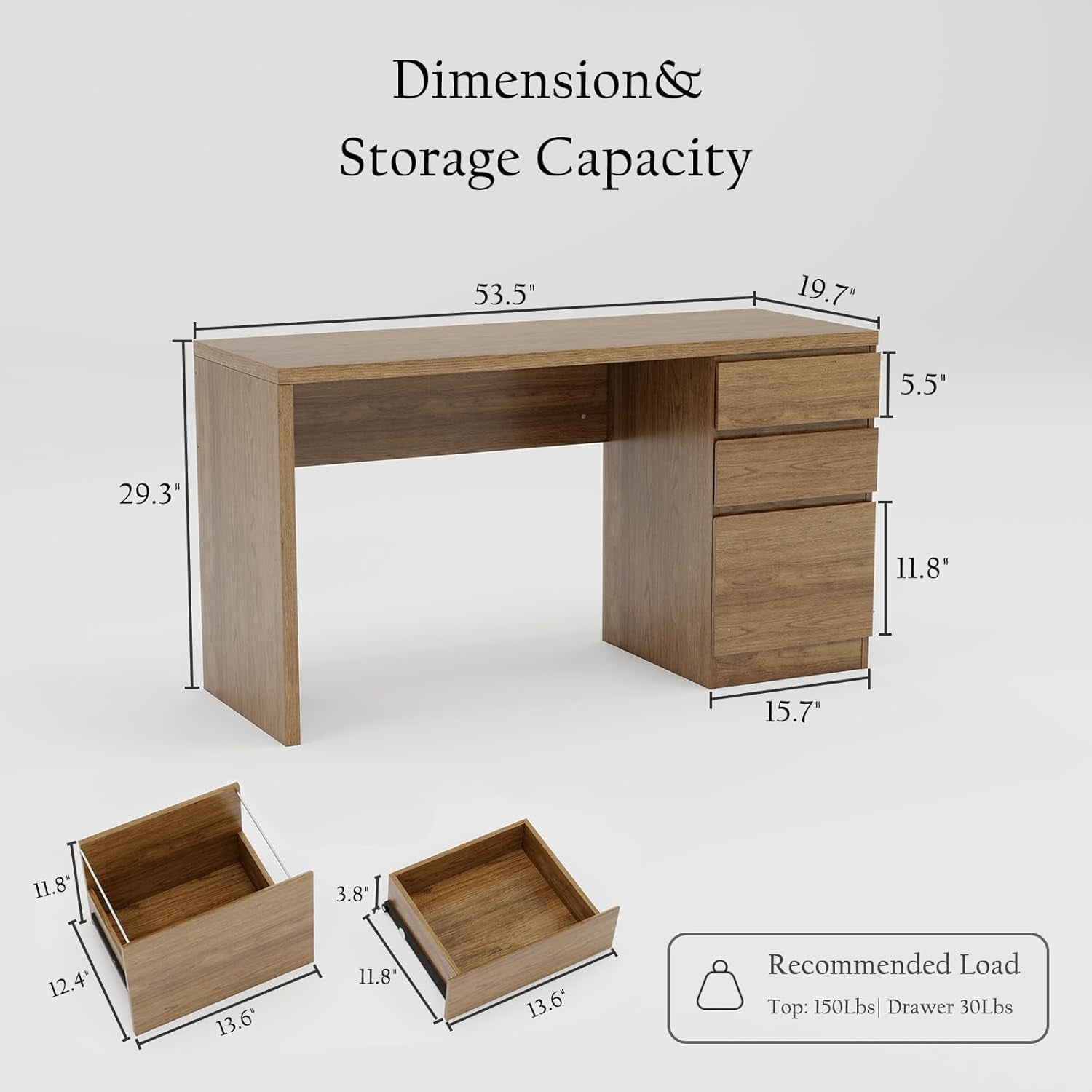 LAZZO 53" Computer Desk with 3 Drawers, Executive Writing Desk with File Storage Drawer for Home Office, Brown