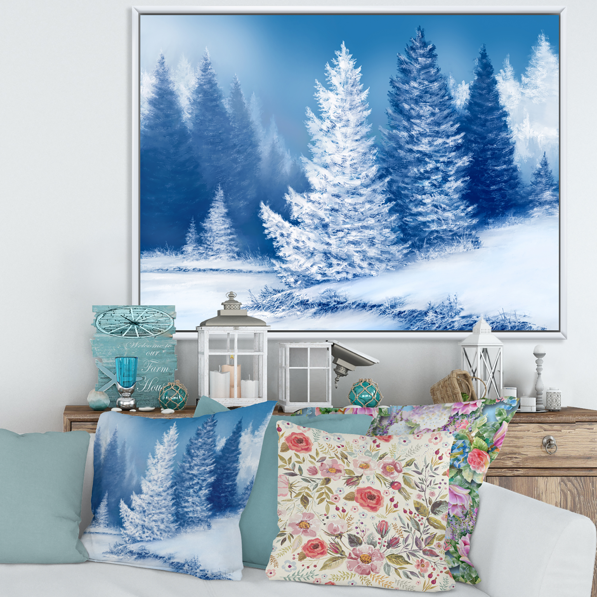 Snow Covered Trees With Dreamlike Spruce Forest 32 in x 16 in Framed Painting Canvas Art Print, by Designart