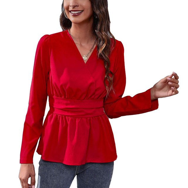 Blusas peplum delgadas con cintura y cuello en V para mujer, blusas elegantes informales con mangas abullonadas, lavables a máquina para citas en la oficina al aire libre