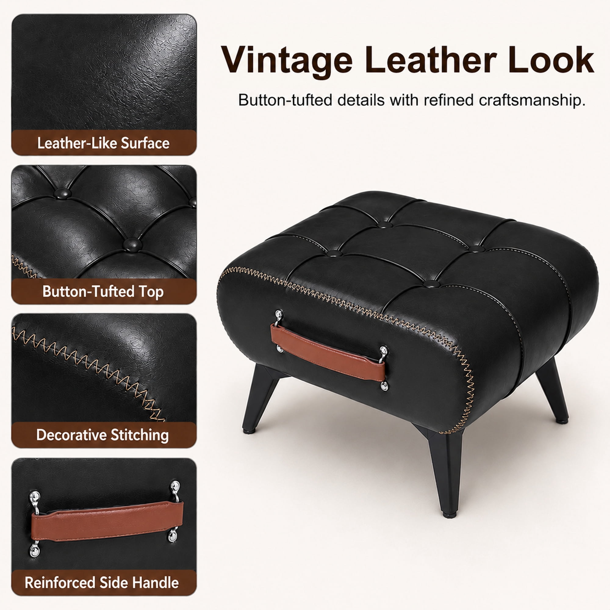 Leumius Modern Leather Stool with Hidden Storage,Portable Handles & Metal Legs,Square Footrest for Living Room,Black