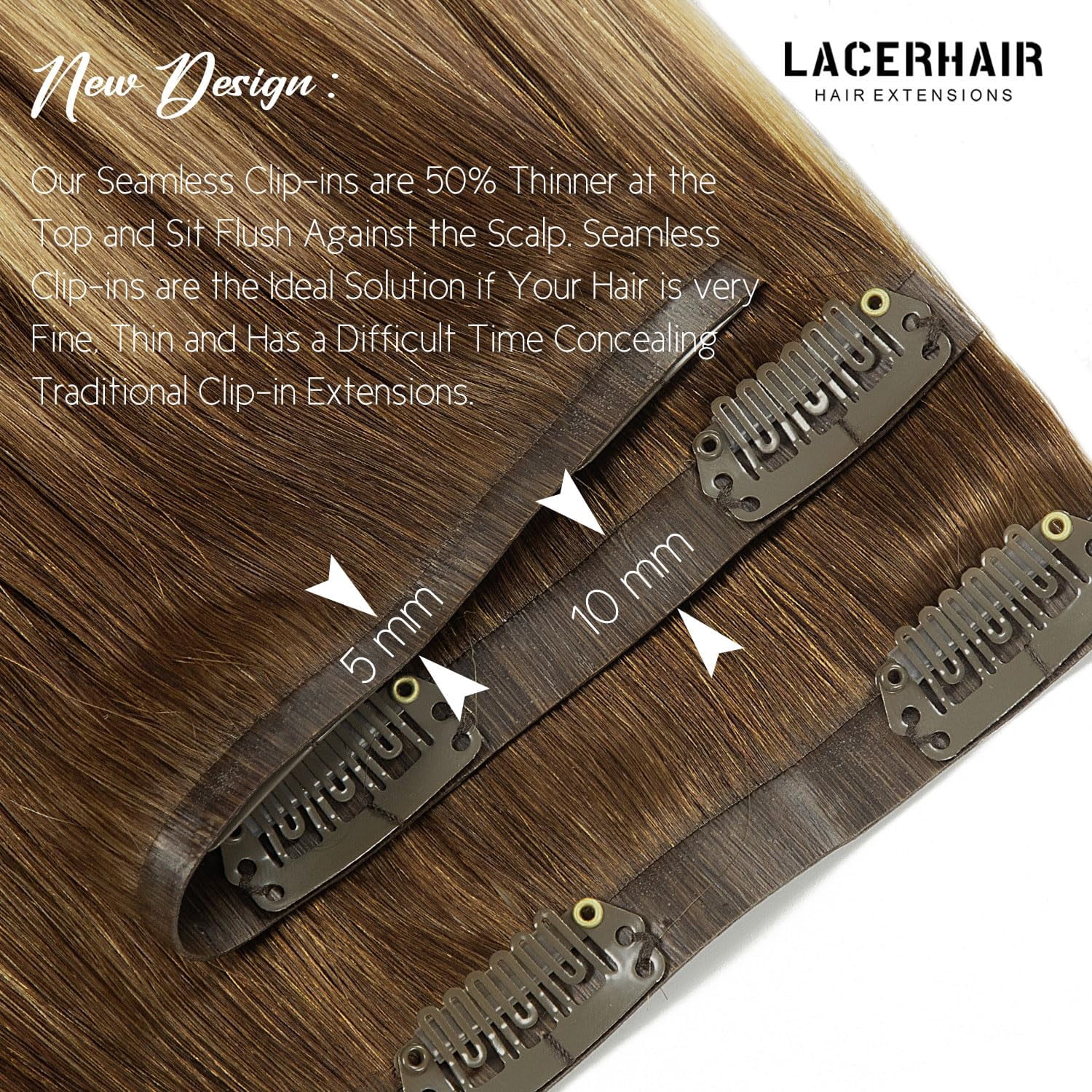 Lacer PU Clip in Hair Extensions Remy Human Hair Chocolate Brown to Caramel Blonde with Brown Roots 22 Inch Thick Remy Glam Seamless Light Hair Extensions with Skin-Weft Technology 110g 7pcs