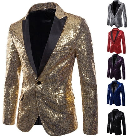 Men's Sequin Long Sleeve Blazer Suit Casual Jacket Coat Top Outwear Prom Wedding Party