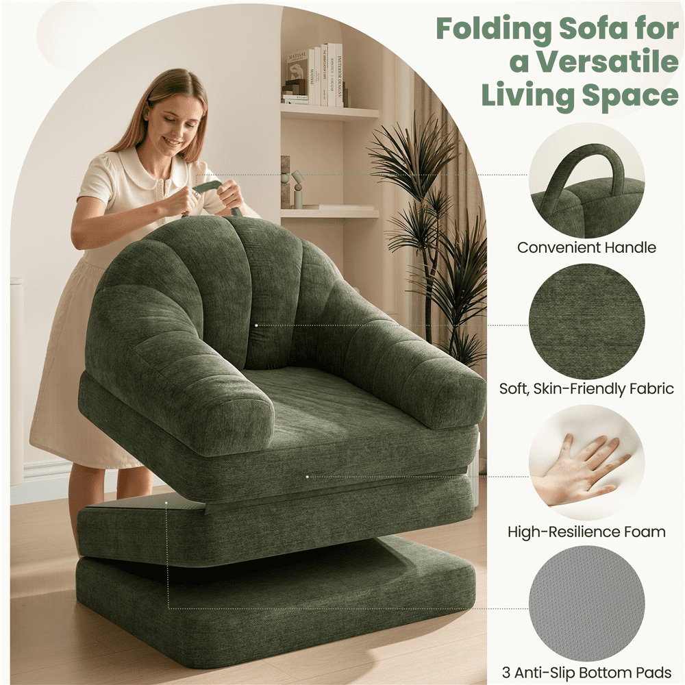 Renwick 2-in-1 Convertible Sofa  Bed Folding Sleep Chair Bed Chenille Sofa with Armrests  for Living Room and Bedroom, Green