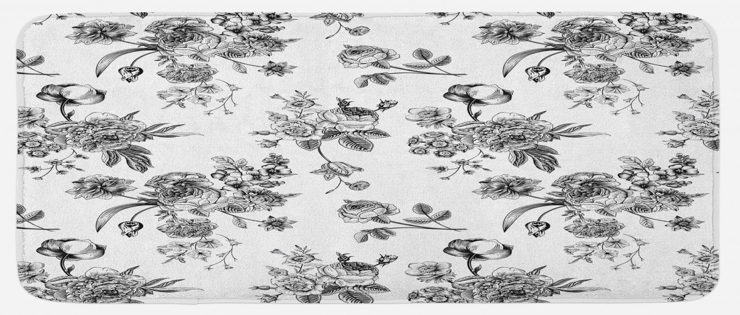 Black and White Kitchen Mat, Vintage Floral Pattern Victorian Classic