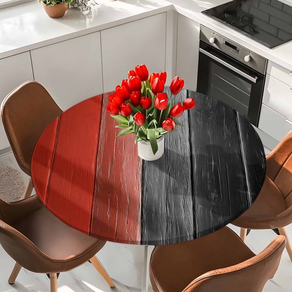 Vintage Retro Wood Elastic Fitted Round Tablecloth Black Red Ombre Waterproof Outdoor Table Cover for Holiday Party, Picnic, Patio & Dining Fits Tables Up to 55"-60"