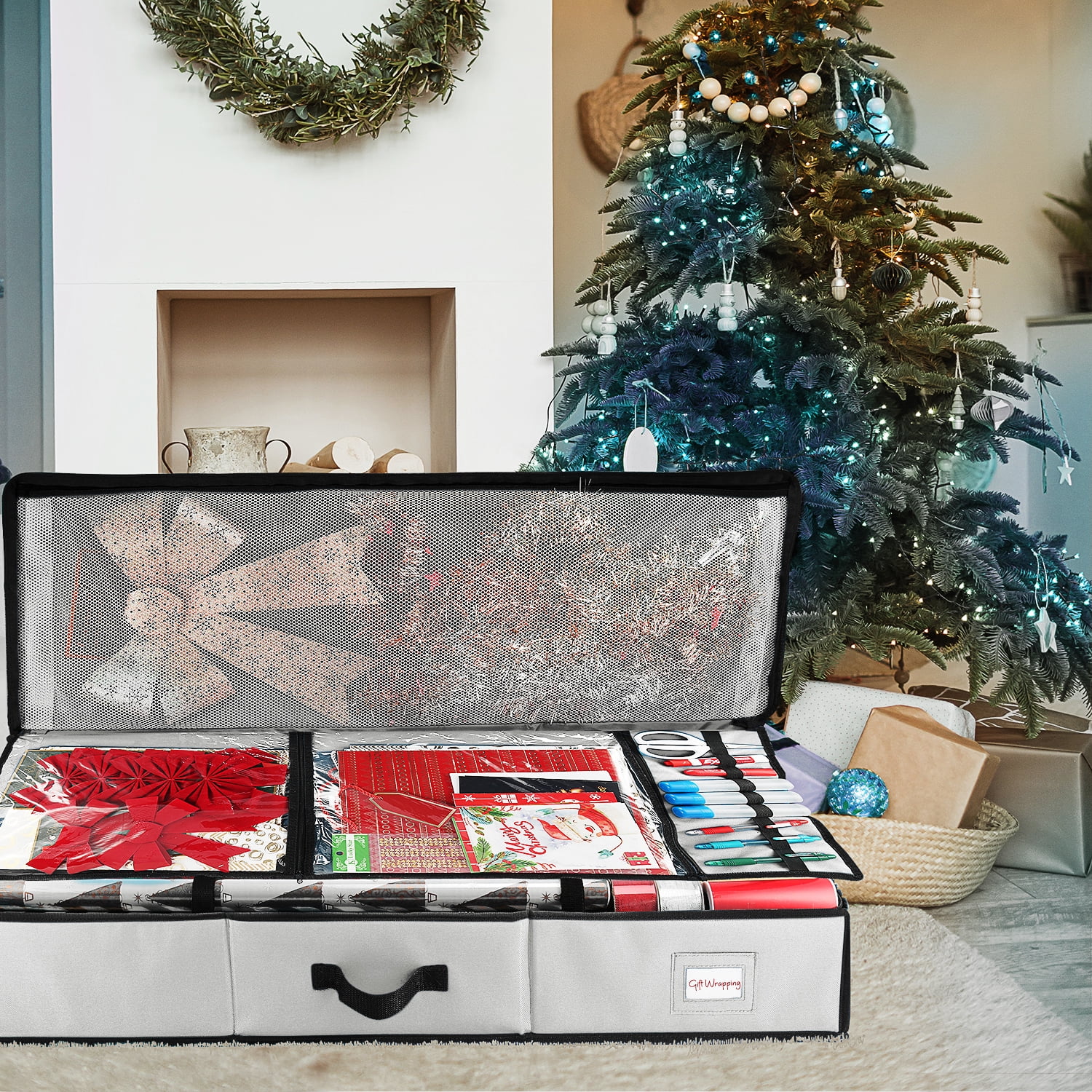 Hearth & Harbor Wrapping Paper Storage Container - Christmas Wrapping Paper Rolls Storage Box for Holiday Storage & Accessories - Gift Wrap Storage Organizer Box, Silver