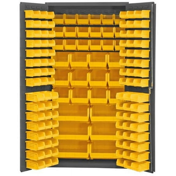 14 Gauge Flush Door Style Lockable Cabinet with 132 Yellow Hook on Bins, Gray - 36 x 24 x 72 in.