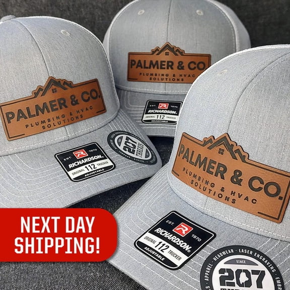 Custom Trucker Leather Patch Hat for Your Company Brand, Laser Engraved, Customized Personalized Logo Text Adjustable Richardson 112 Hats