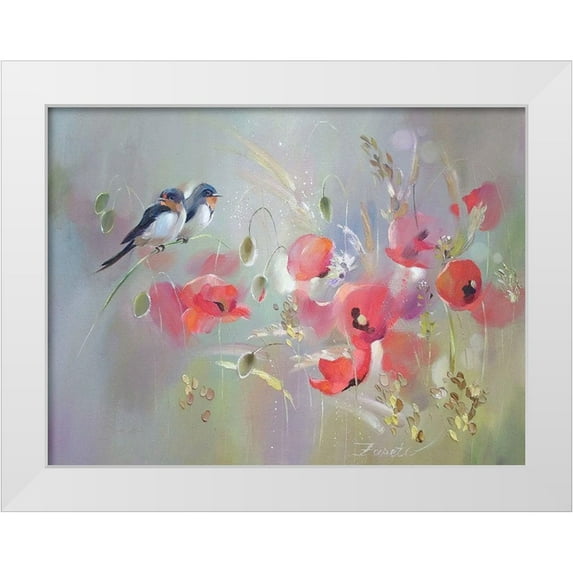 Zareckaye, Tatiana 32x25 White Modern Wood Framed Museum Art Print Titled - Birds with Red Poppies