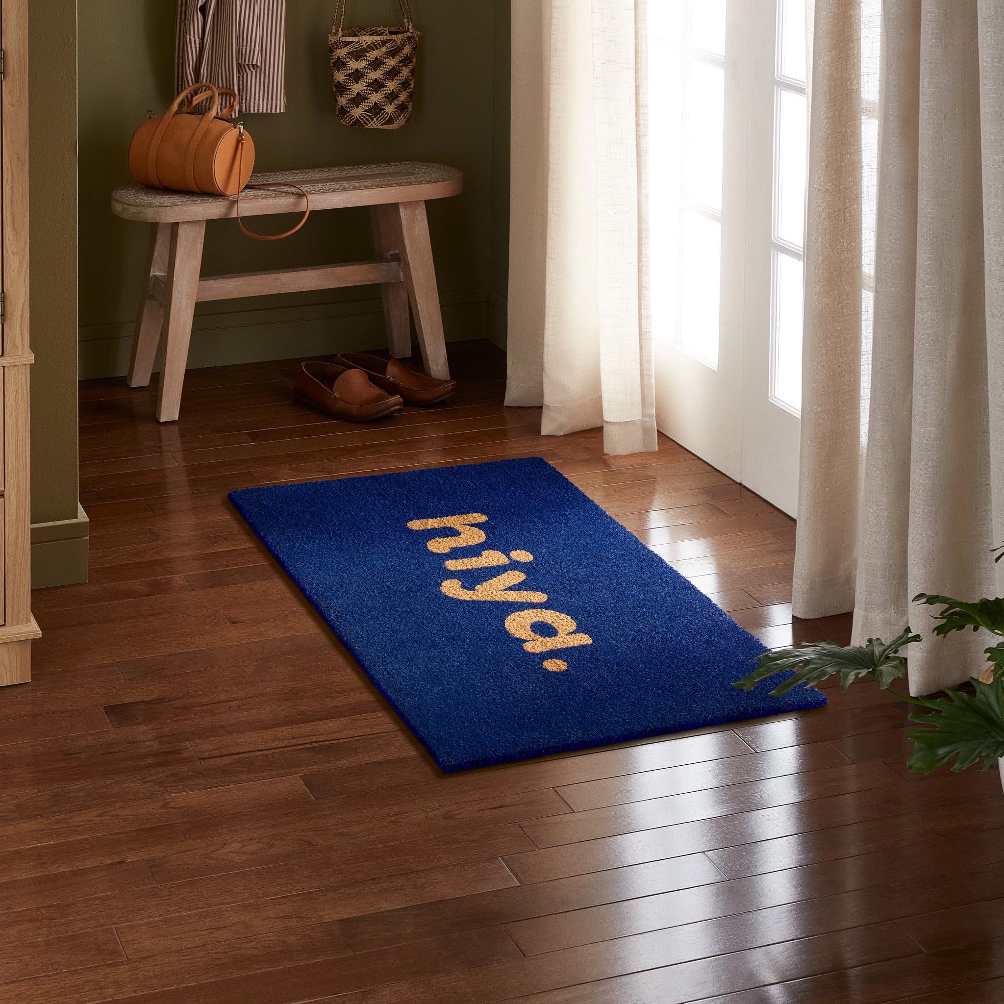 TOWN & COUNTRY TERRA Hiya Painted Welcome Outdoor Door Mat, Natural Coir, Heavyweight, Non-Slip Entryway Mat, Blue, 24"x36"