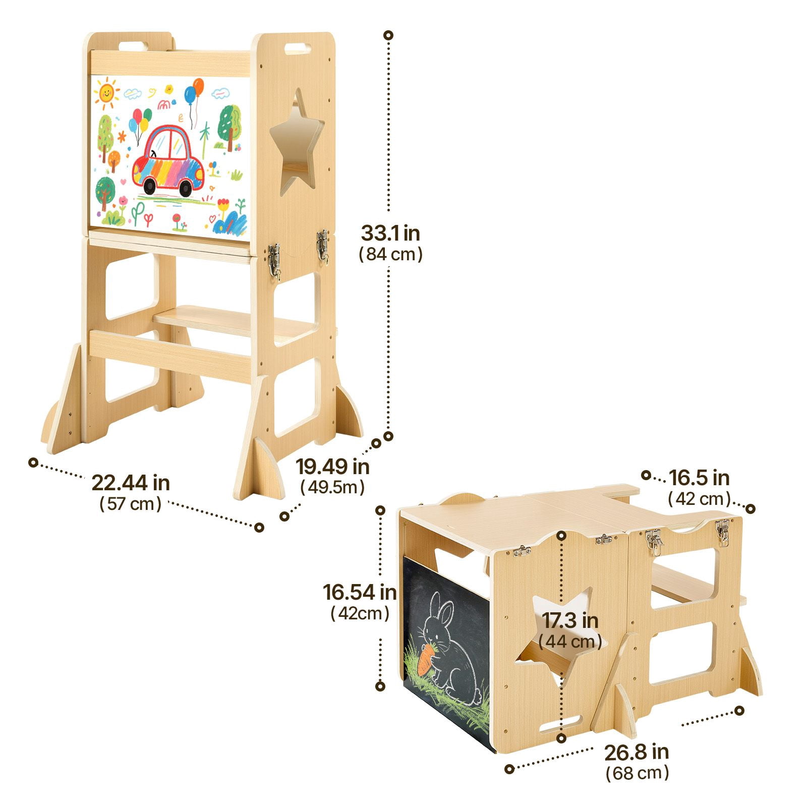 Toddler Tower, Wooden, 4 in 1 Kitchen Step Stool for Kids 1-5, Montessori Weaning Table and Chair Set, Learning Standing Tower with Chalkboard, Easy to Clean, for Bathroom and Kitchen Counter