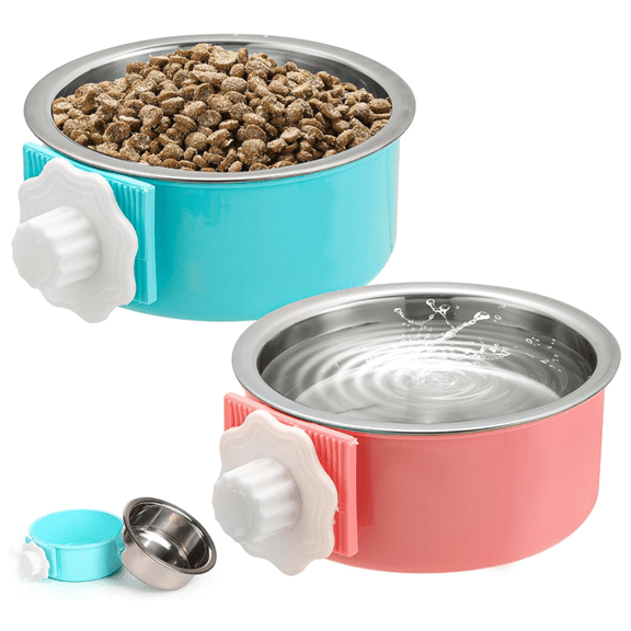 2 Pieces Crate Dog Bowl, Removable Stainless Steel Pet Kennel Hanging Food Water Feeder Bowl Cage Coop Cup for Puppy Medium Dog Cat Rabbit Ferret Bird
