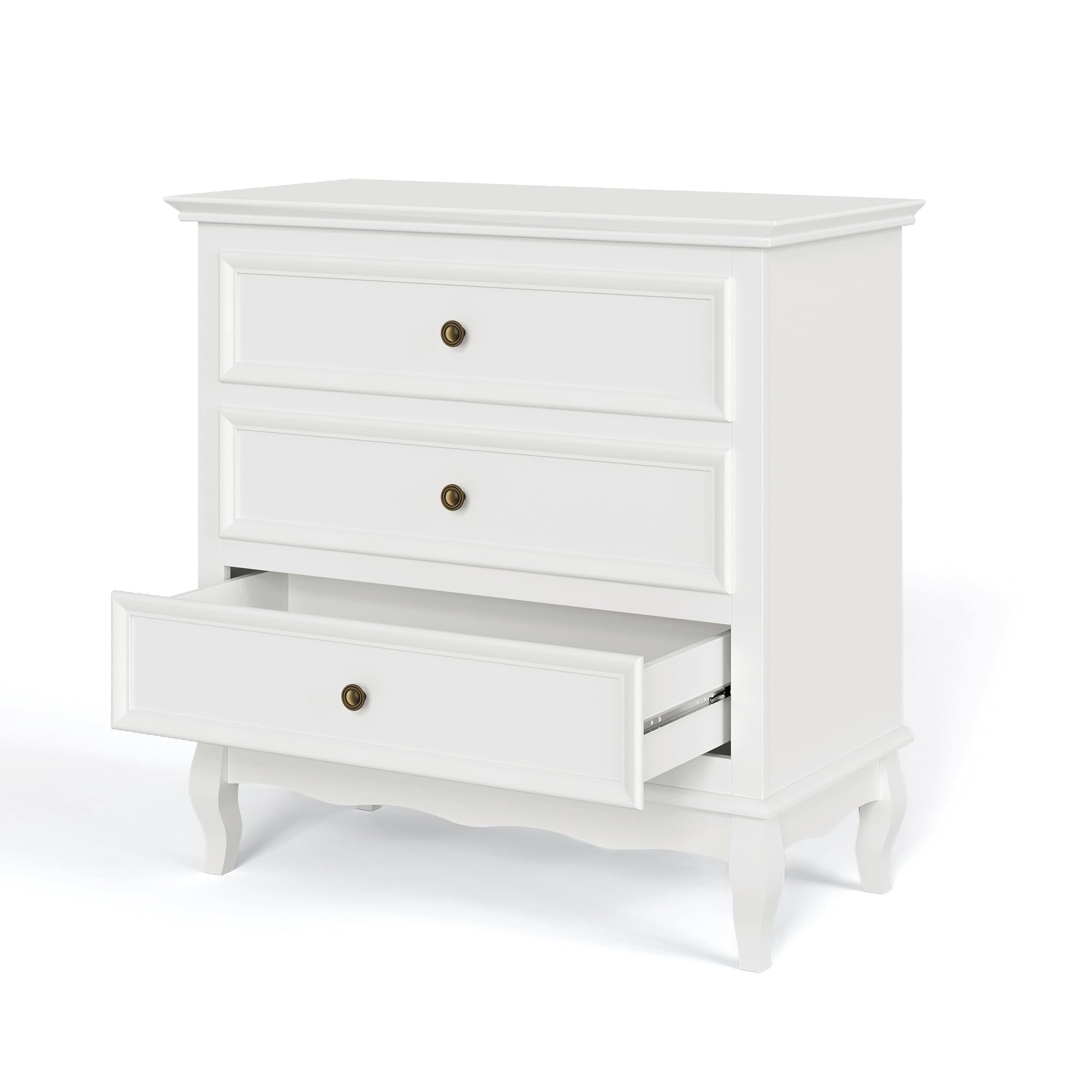 White 3 Drawer Dresser with Ball Bearing Slide, Sturdy Frame Modern Wood Dresser Wide Nightstand Cabinet for Bedroom, Living Room