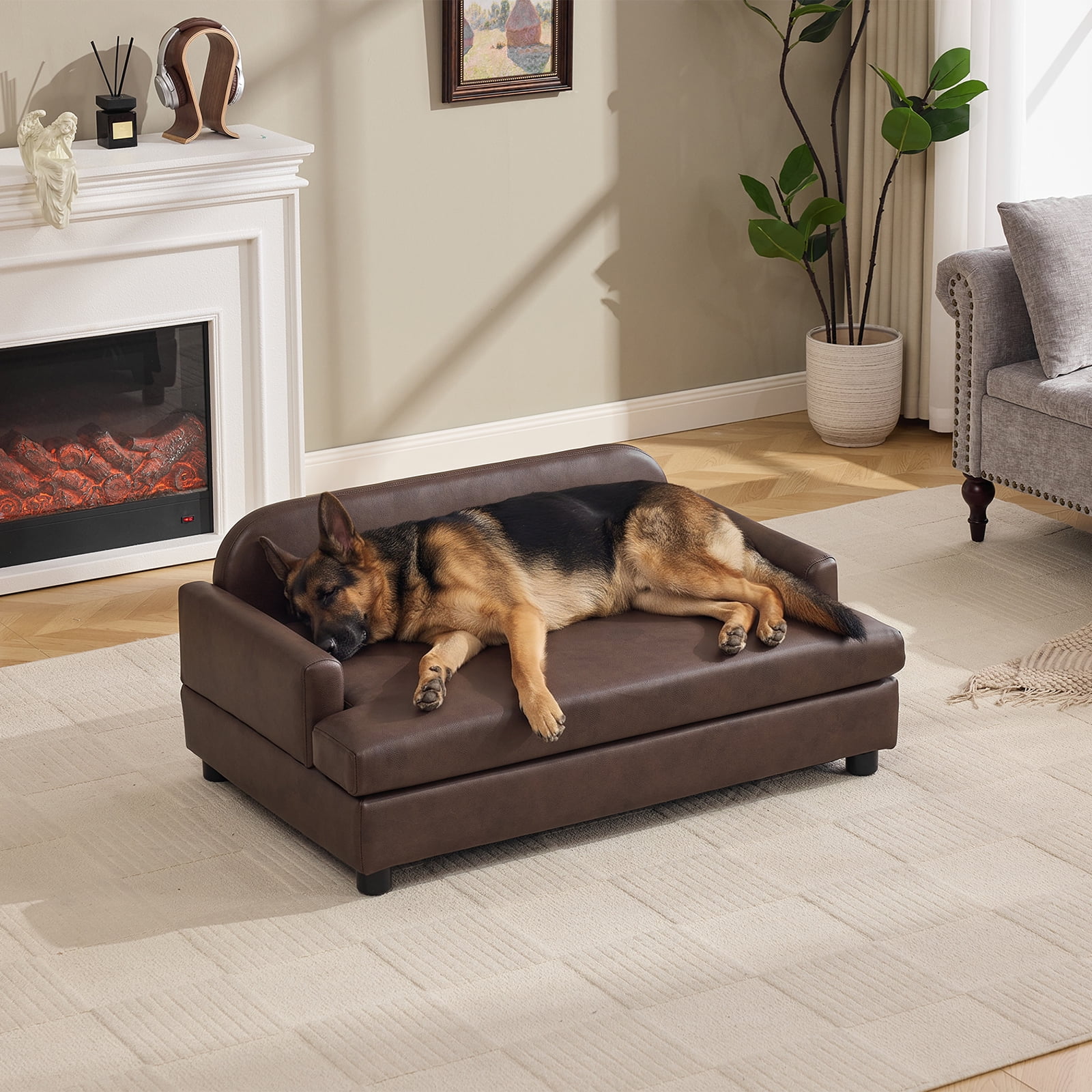 BRILHAMEZ 43.3" Elevated Dog Sofa Bed, Waterproof Leather Orthopedic Pet Bed with Solid Wood Frame for Large Dogs,Brown