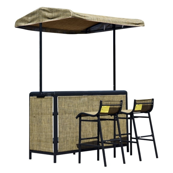 Outsunny 3 Piece Outdoor Bar Set for 2 with Canopy, Rectangular Table with Storage Shelves & Two Bar Chairs, Breathable Mesh