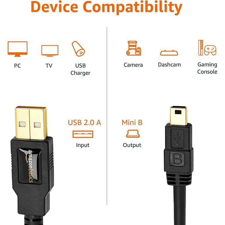 USB 2.0 Charger Cable - A-Male to Mini-B Cord - 3 Feet (0.9 Meters)