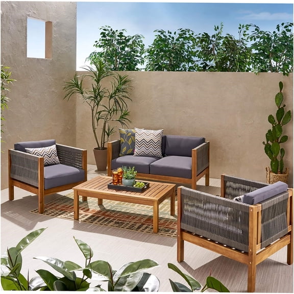 JERFIT 4-Piece Outdoor Patio Seating Set with Loveseat, 2 Club Chairs and Coffee Table, Acacia Wood Frame & All-Weather Rattan for Garden, Porch, Poolside