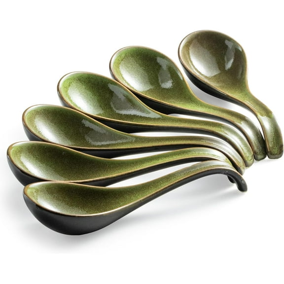 Serving Bowls with Handles, Serving Dishes, Porcelain Salad Bowls & Asian Soup Spoons, 6.5 Inch Ceramic Chinese Soup Spoons