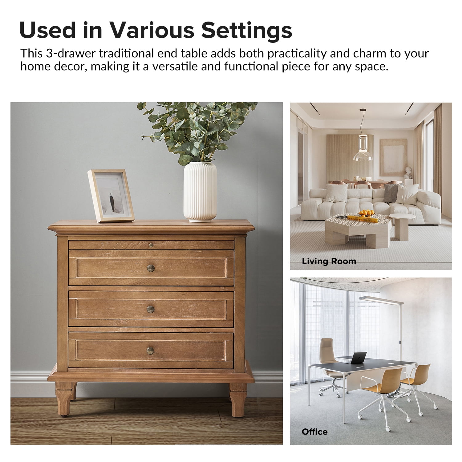 Tina's Home Farmhouse Acorn Soild wood End Tables Set of 2 with Charging Station, 3 Drawer Side Table with Pull-Out Tray for Living Room, Small Spaces