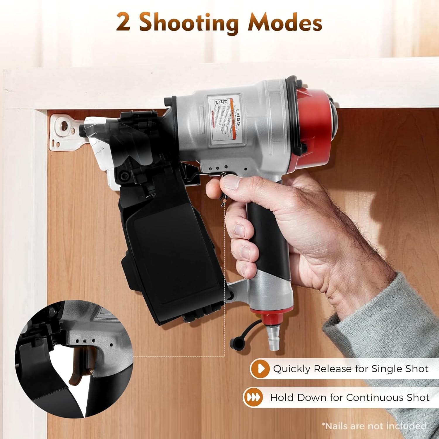 CN55 Pneumatic Siding Nail Gun Fence Nailer, 300 Nail Capacity, Continuous Fire for Wood Pallets, Fences, Packing Boxes