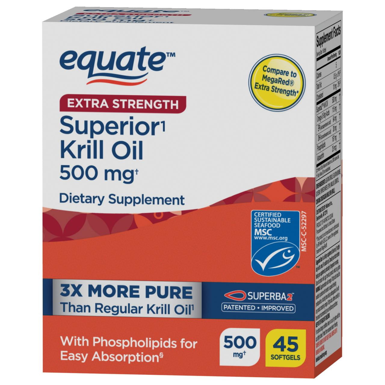 Equate Extra Strength Krill Oil Dietary Supplement, 500 mg, 45 count